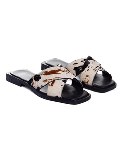 Tamanco Rasteira Bottero Animal Print Couro Preto/branco